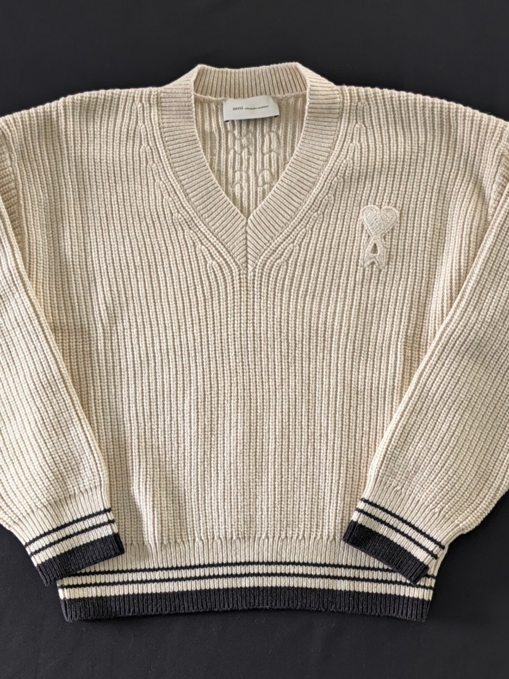 AMI PARIS L Heavy Ribbed V-Neck Sweater Blanc Creme Wool Cotton College Knit NWT
